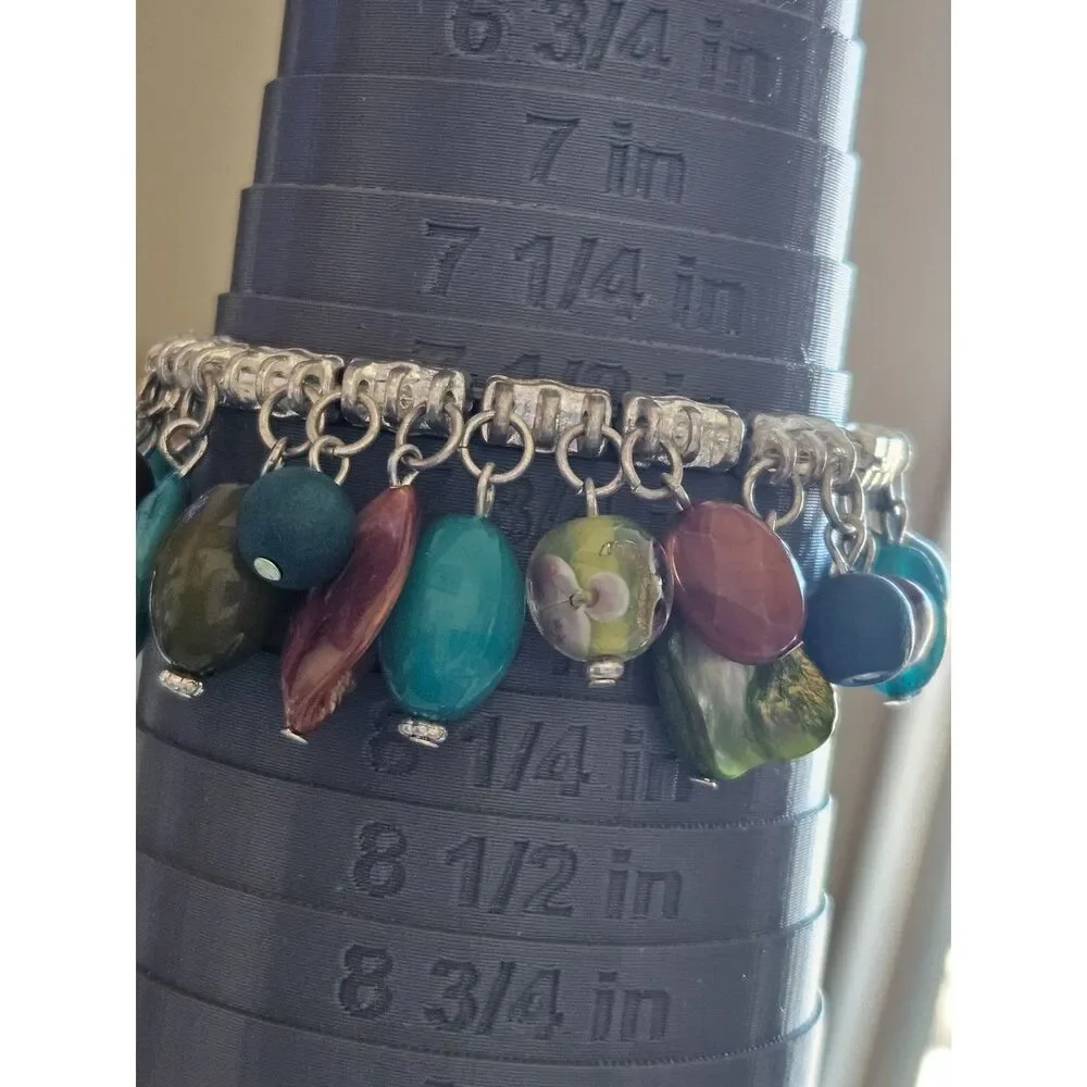 Bracelet with blue brown and green beads silver tone 7.5